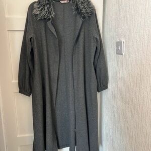 Gray Trench Coat with Faux Fur Collar